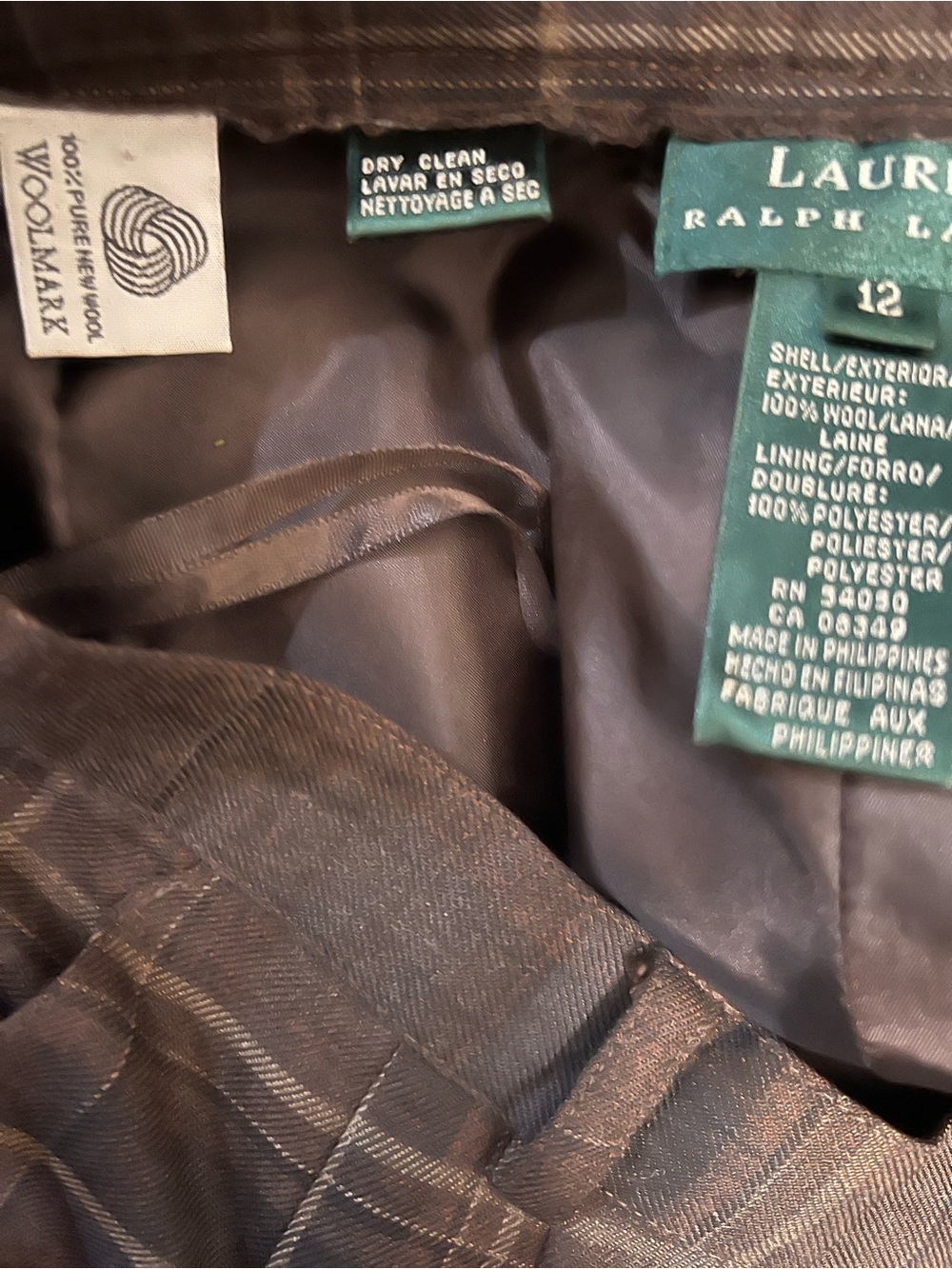 VINTAGE LAUREN RALPH LAUREN Y2K Womens Wool Brown Plaid Cuffed Pants Size 12 - Picture 5 of 12